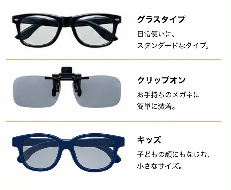 グラスタイプ：日常使いに、スタンダードなタイプ。クリップオン：お手持ちのメガネに簡単に装着。キッズ：子どもの顔にもなじむ、小さなサイズ。