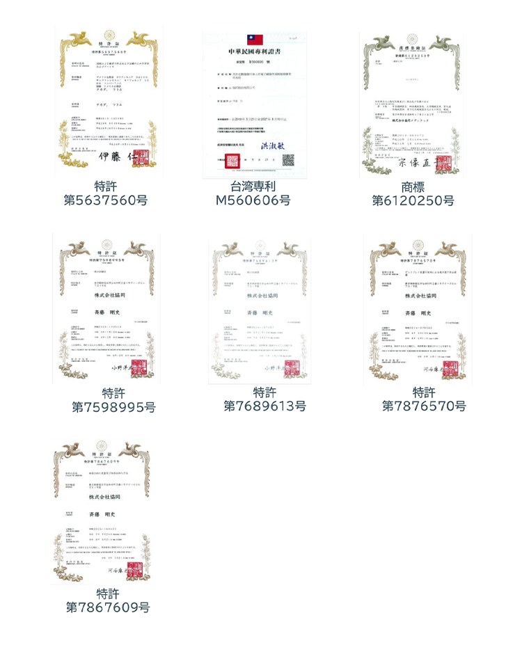特許 第5637560号、台湾専利 M560606号、商標 第6120250号、特許 第7598995号、特許 第7689613号、特許 第7876570号、特許 第7867609号