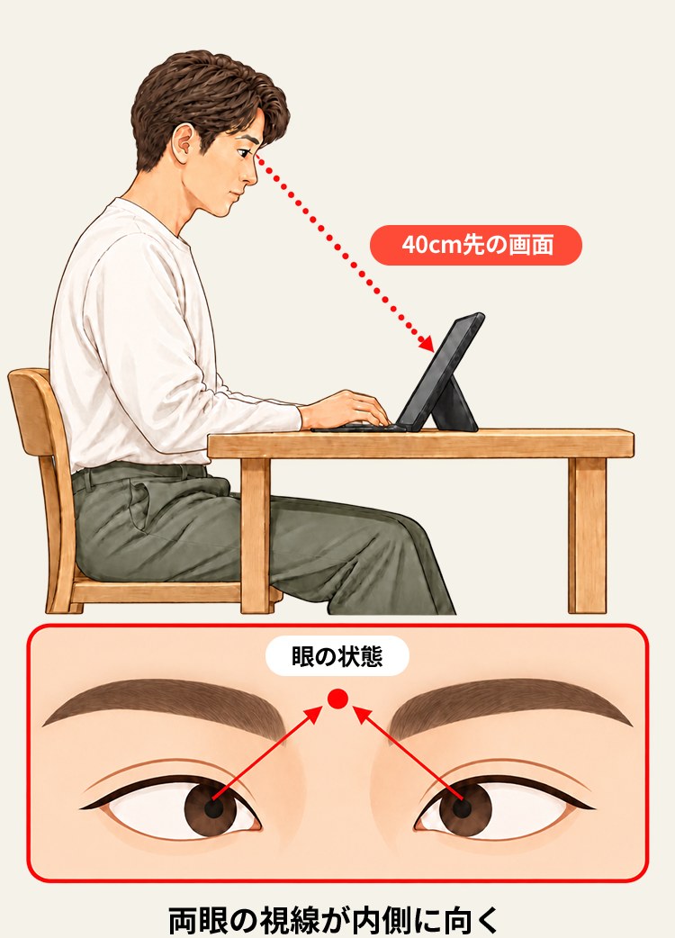 40cm先の画面を見ると、両眼の視線が内側に向く